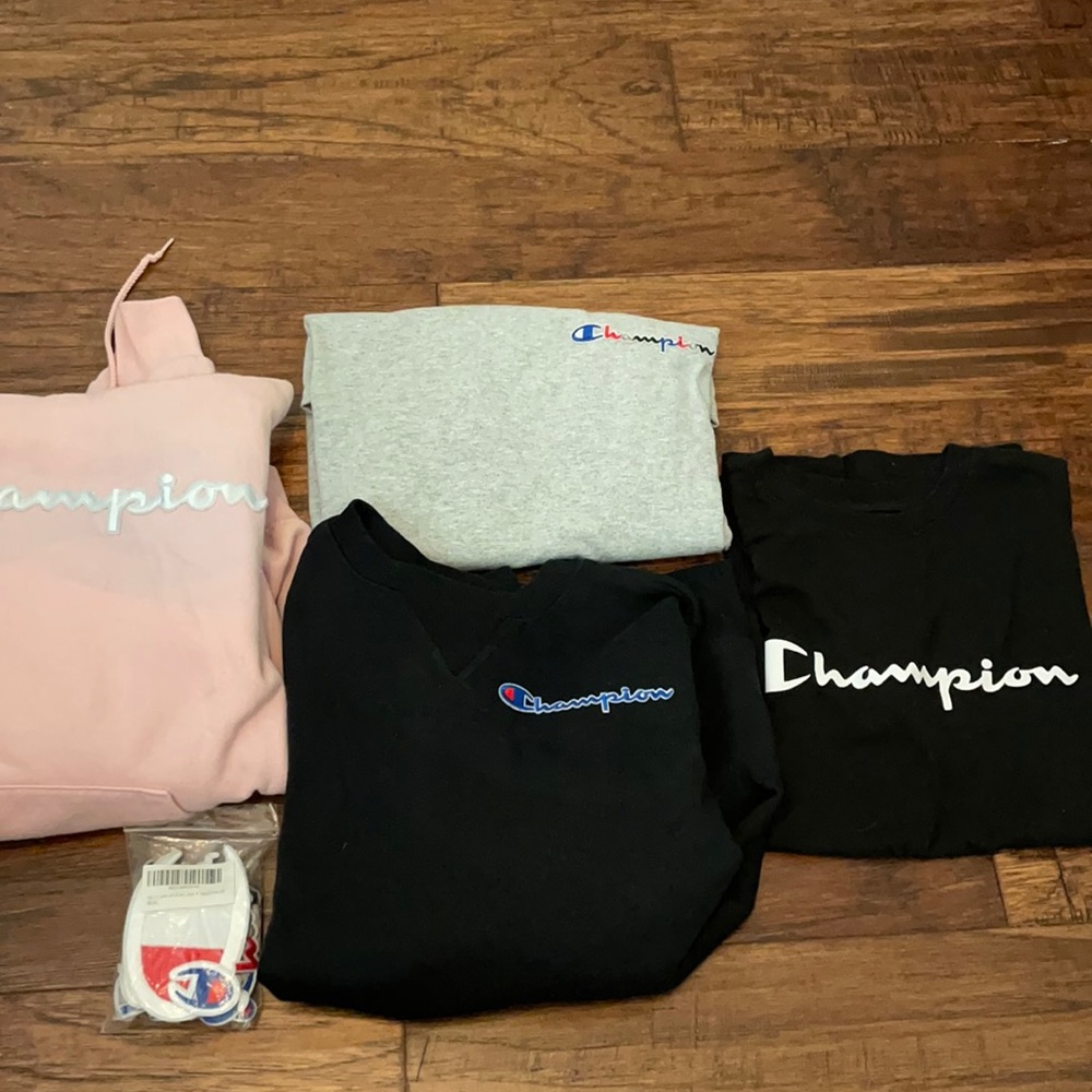 champion sweatshirts, shirts, and patches!